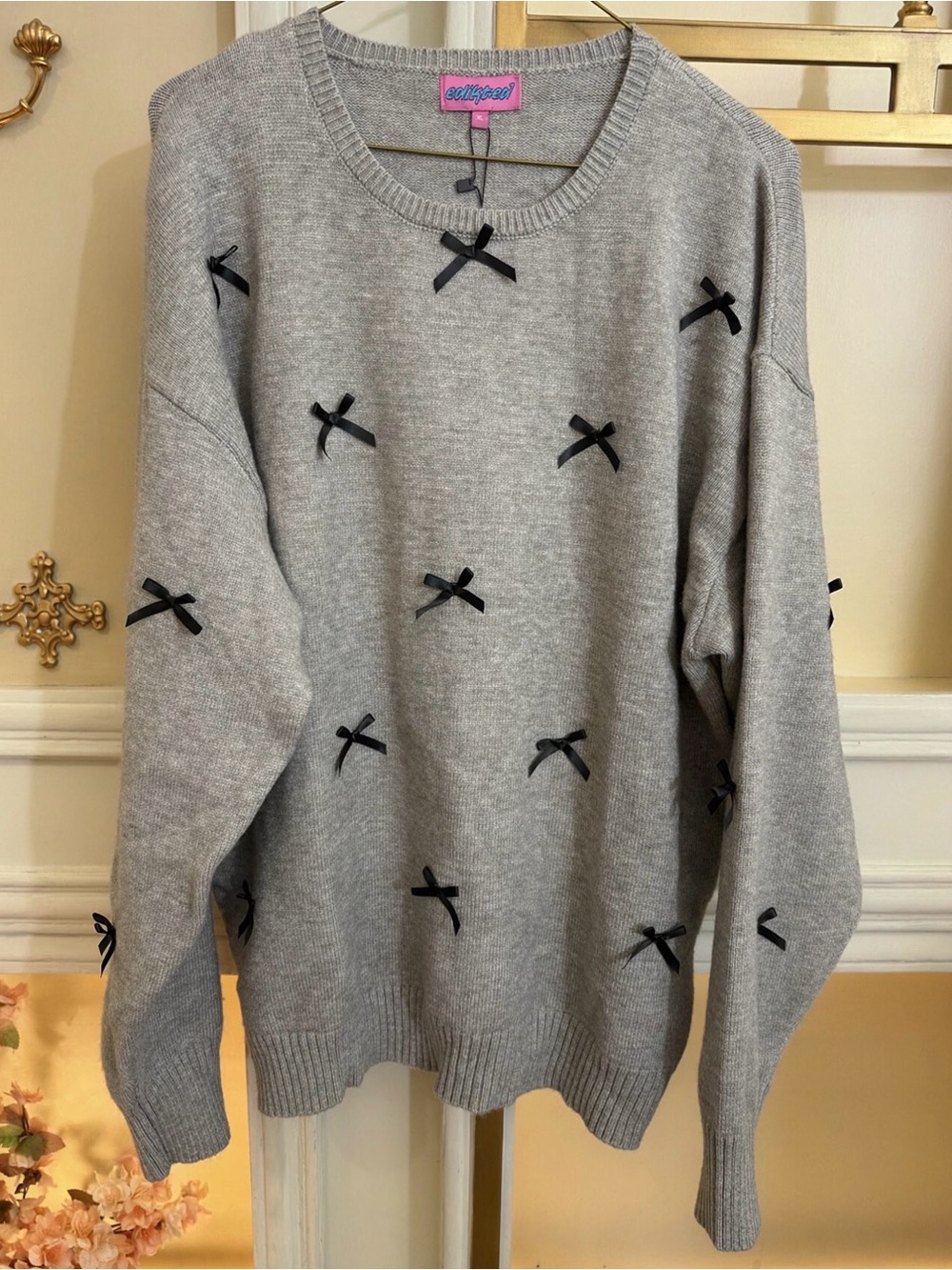 Edikted Satin Effect Bow Oversized Sweater Gray XL NWT